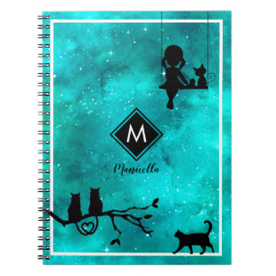 Girl Cats and Galaxy Monogram Notebook