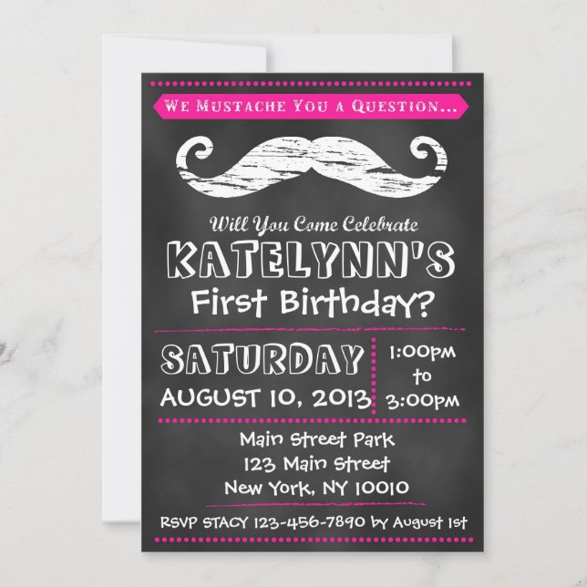 Girl Chalkboard Mustache Birthday Invitation (Front)