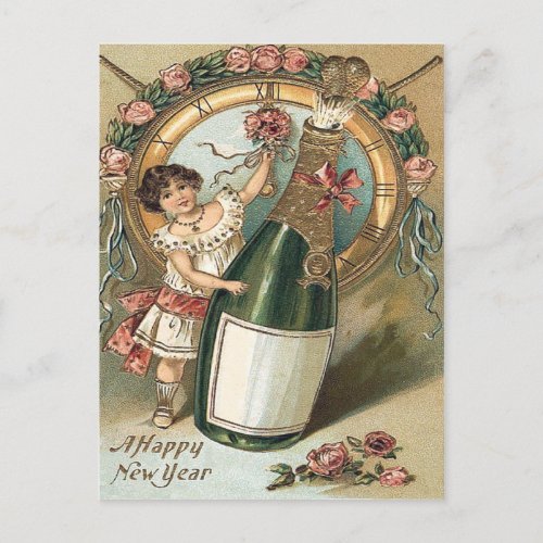 Girl Champagne Bottle Rose Clock Postcard