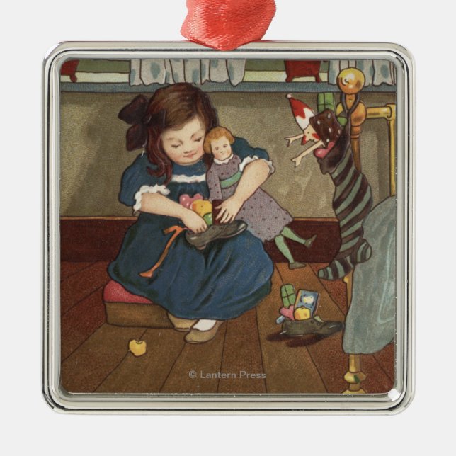 Girl Checking her Shoes Full of Goodies Metal Ornament (Front)