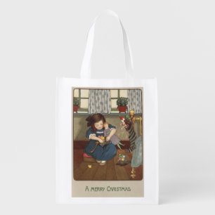 Girl Checking her Shoes Full of Goodies Reusable Grocery Bag