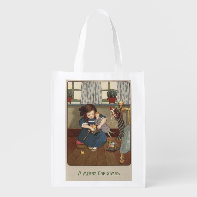 Girl Checking her Shoes Full of Goodies Reusable Grocery Bag (Front)