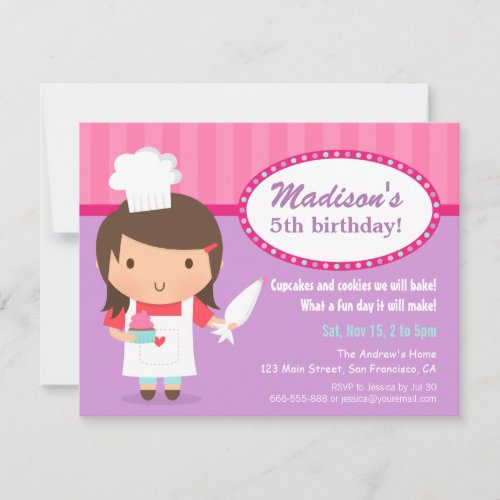 Girl Chef Cupcake Frosting Baking Birthday Party Invitation