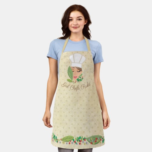 Girl chefs rule brunette herbs polka dot kitchen apron