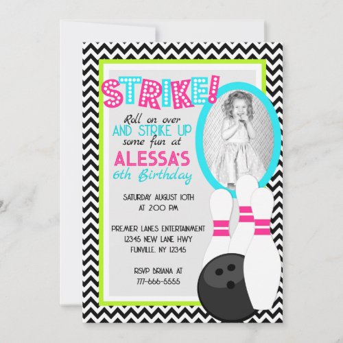 Girl Chevron Bowling Birthday Photo Invitations