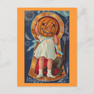 Girl Child with Pumpkin Head, Halloween Vintage Postcard
