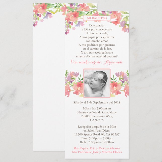 Girl Christening cards Spanish; Bautismo Español (Front/Back)