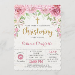 Girl Christening Invitation Pink Gold Flower Roses