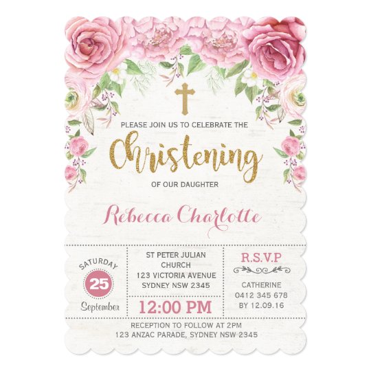 Girl Christening Invitation Pink Gold Flower Roses | Zazzle.com