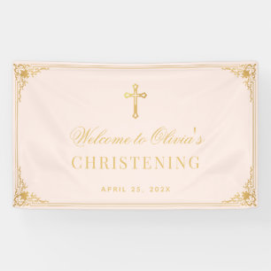 Girl Christening Pink Faux Gold Vintage Baptism Banner