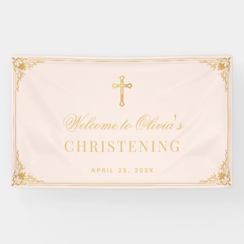 Girl Christening Pink Faux Gold Vintage Baptism Banner