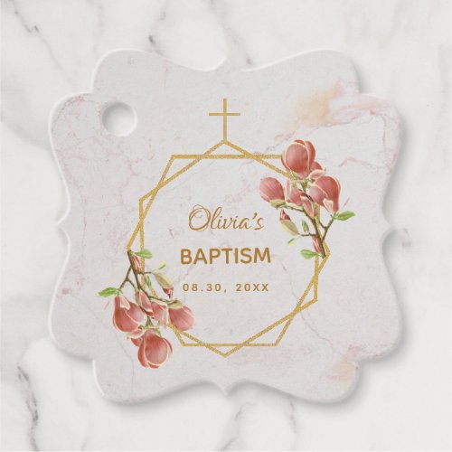 Girl Christening Pink Magnolia Marble Gold Floral Favor Tags