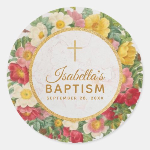 Girl Christening Rose Wreath Floral Gold Cross Classic Round Sticker