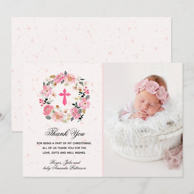 Girl Christening Watercolor Pink Floral Thank You Card (Front/Back)