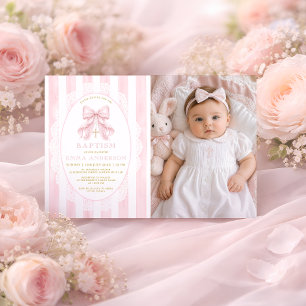 Girl Christian Baptism Pink Bow Photo Invitation