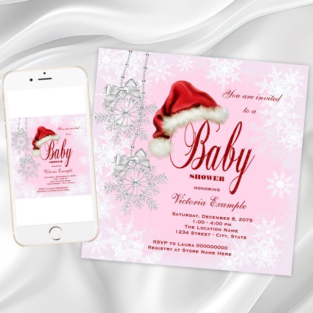Girl Christmas Baby Shower Santa Hat Snowflake Invitation (Pink snowflake Christmas baby shower invitation. Instant download and printed invitations available.)
