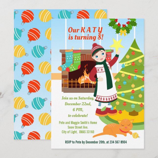 Girl Christmas Birthday party invitation (Front/Back)