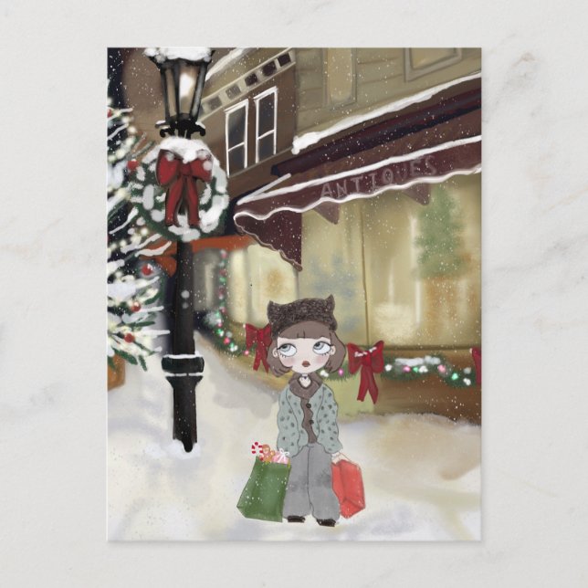 Girl Christmas Shopping Holiday Postcard (Front)