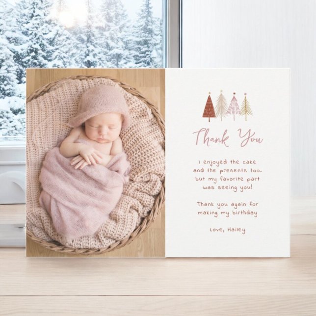 Girl Christmas Tree Birthday Photo Thank You Cards (Creator Uploaded)