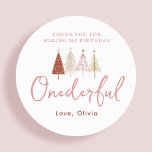 Girl Christmas Tree Onederful Birthday Thank You Classic Round Sticker<br><div class="desc">Girl Christmas Tree Onederful Birthday Thank You Stickers
Pink christmas trees theme is perfect for minimal and modern birthday party! Choose our pastel blush rainbow design for your kids 1st birthday party.</div>