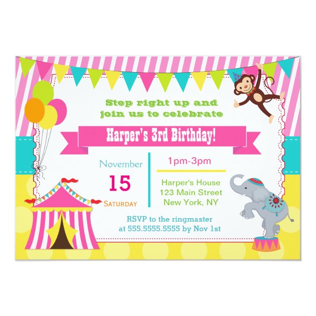 Girl Circus Carnival Birthday Party Invitations