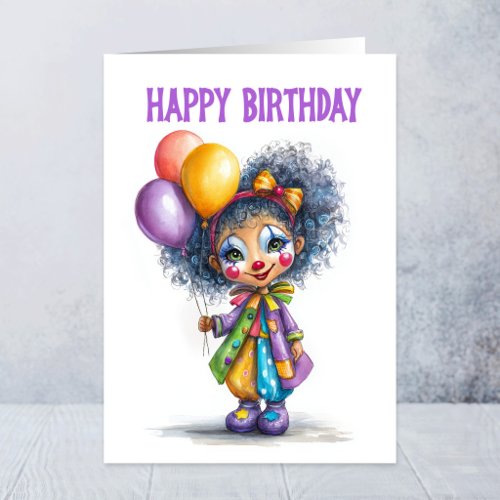 Girl Circus Clown Holding Balloons Birthday Card