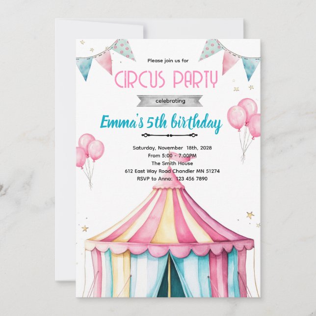 Girl circus party theme invitation (Front)