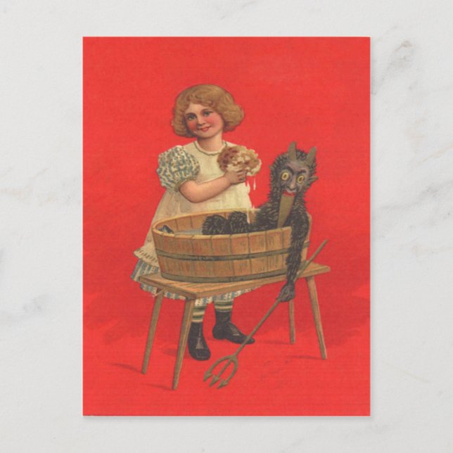 Girl Cleaning Krampus Postcard (Front)