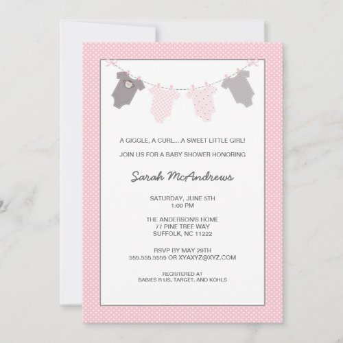 Girl Clothesline Baby Shower Invite Pink Gray