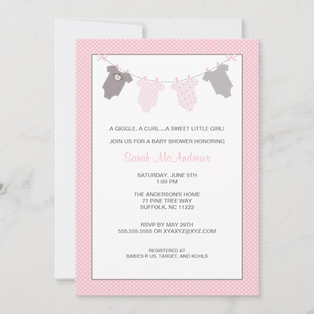 Girl Clothesline Baby Shower Invite Pink Gray (Front)