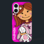 Girl clutching a white rabbit pink name case<br><div class="desc">Girly cuddles pink case cute modern graphic girls case. Girl clutching her lucky white bunny. This case reads Isabelle or personalize with your child's name. Original design by Sarah Trett for www.mylittleeden.com</div>