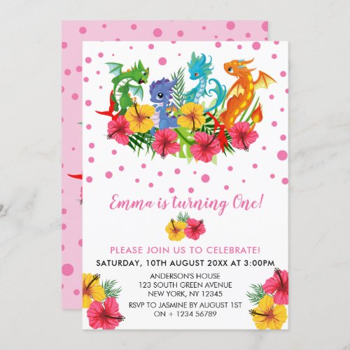 Girl Colorful  Dinosaur Tropical First Birthday Invitation