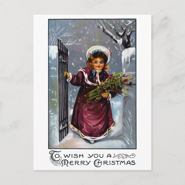 Girl Comes Through Front Gate in Winter Postcard (Front)