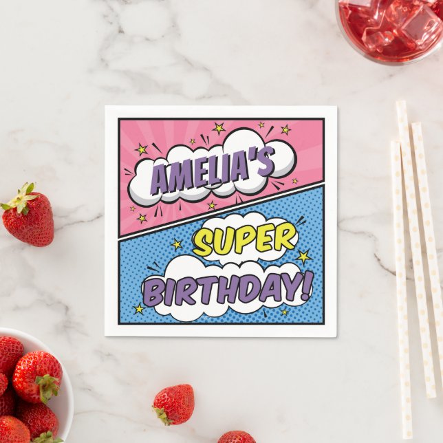 Girl Comic Book Style Superhero Happy Birthday Napkins (Insitu)