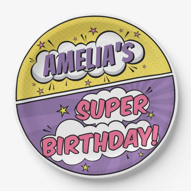Girl Comic Book Style Superhero Happy Birthday Paper Plates (Front)