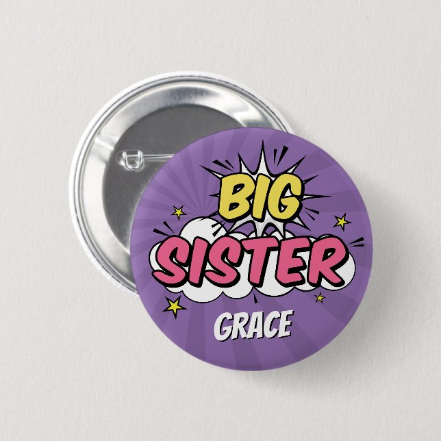 Girl Comic Book Superhero Baby Shower Big Sister Button (Front & Back)