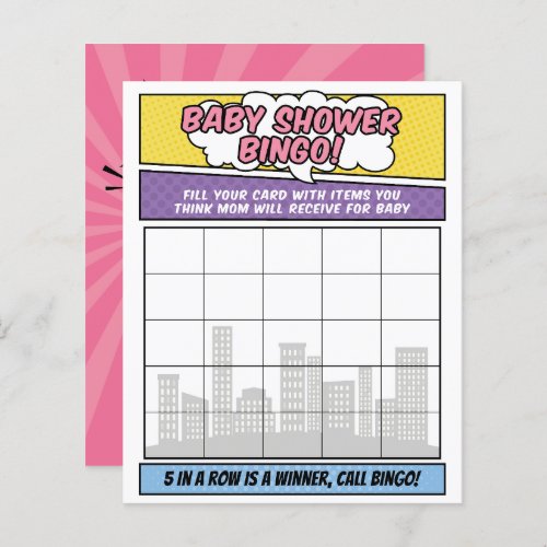 Girl Comic Book Superhero Baby Shower Bingo Game