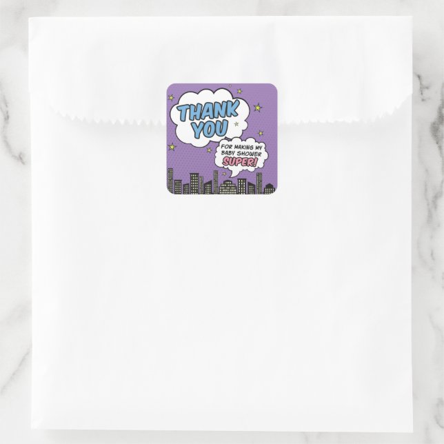 Girl Comic Book Superhero Baby Shower Thank You Square Sticker (Bag)