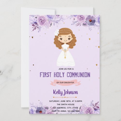 Girl communion invitation purple theme