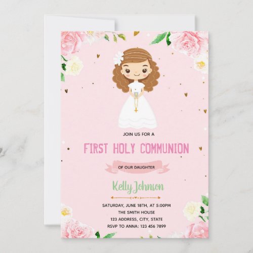 Girl communion pink invitation