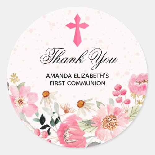 Girl Communion Watercolor Pink Floral Favors Classic Round Sticker