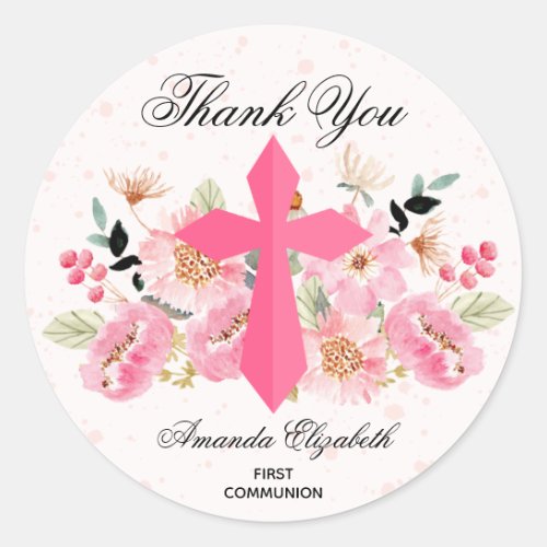 Girl Communion Watercolor Pink Floral Thank You Classic Round Sticker