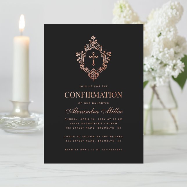 Girl Confirmation Black Rose Gold Crest Vintage Invitation (Creator Uploaded)