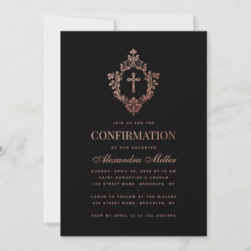 Girl Confirmation Black Rose Gold Crest Vintage Invitation