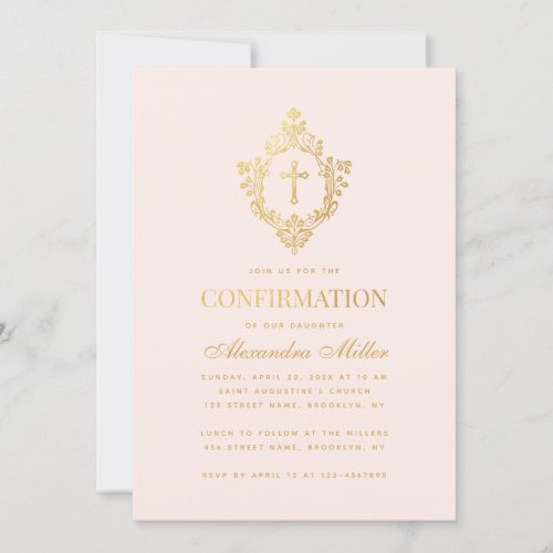 Girl Confirmation Blush Pink Faux Gold Crest Cross Invitation
