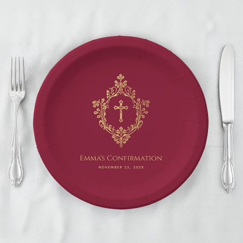 Girl Confirmation Burgundy Faux Gold Crest Elegant