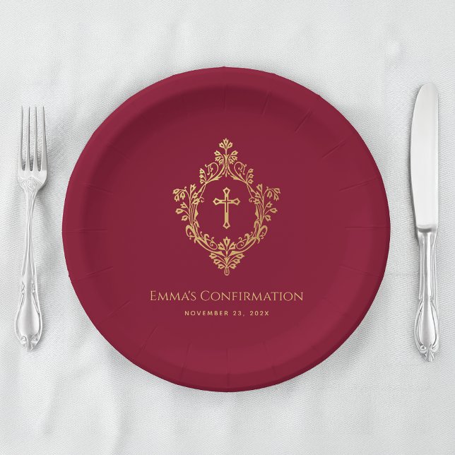 Girl Confirmation Burgundy Faux Gold Crest Elegant Paper Plates (Creator Uploaded)