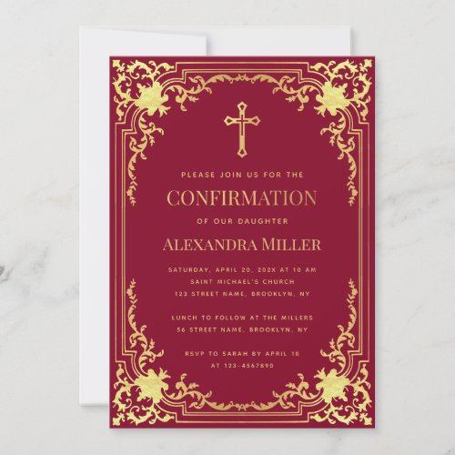 Girl Confirmation Burgundy Faux Gold Cross Elegant Invitation