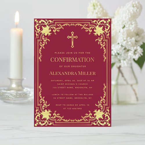 Girl Confirmation Burgundy Faux Gold Cross Elegant
