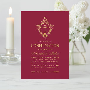Girl Confirmation Burgundy Faux Gold Vintage Crest Invitation